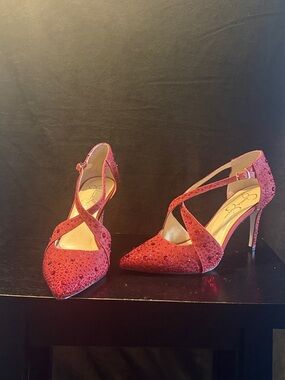 Jessica Simpson Red Crystal Cross-Strap Pointed-Toe Stilettos